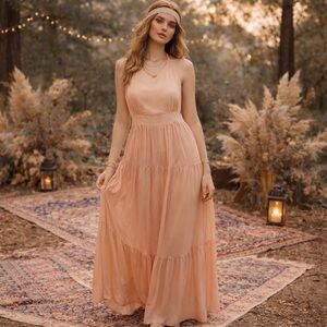 Daydream Nation Sheer Peach Boho Maxi Dress Small NWT Halter Open Back Romantic